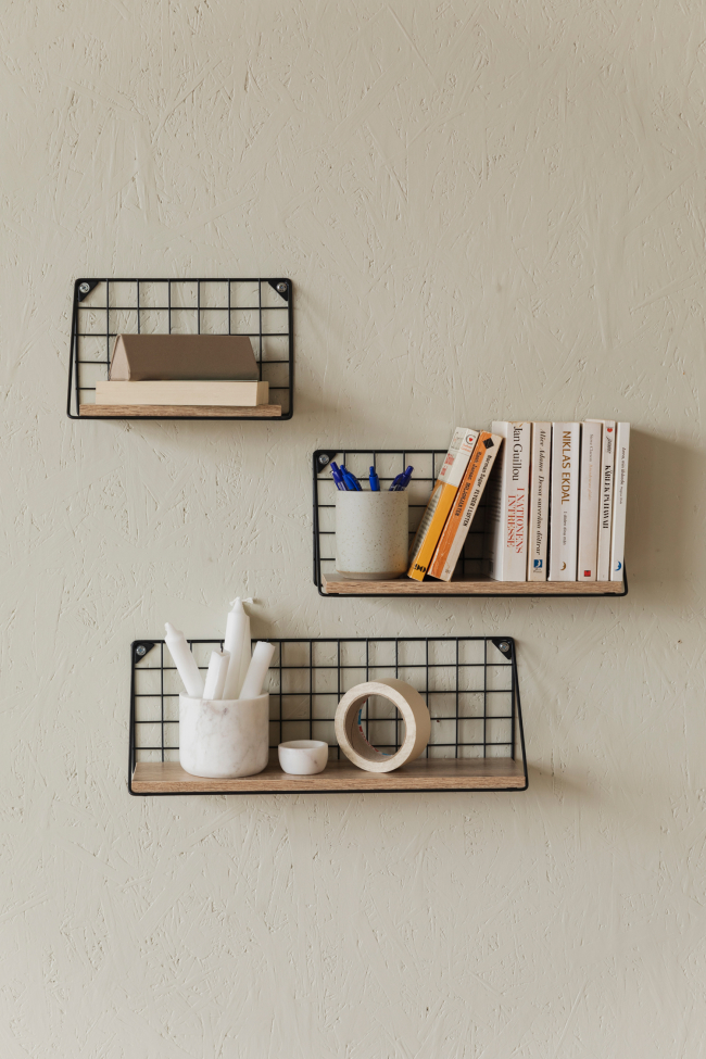 3-pezzi Mensole da parete 'Net' - Nero/Naturale