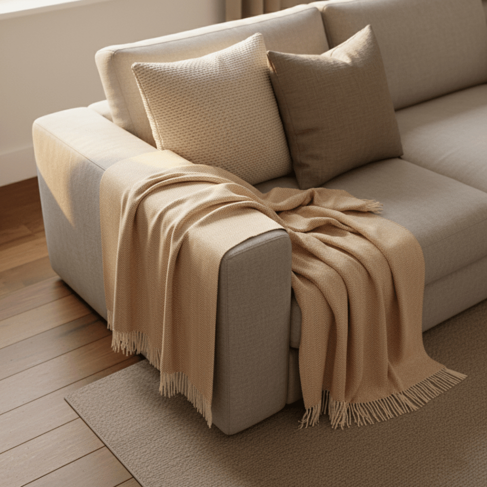 Coperta in cotone 'Denisa Fishbone' 130x170cm - Beige/bianco